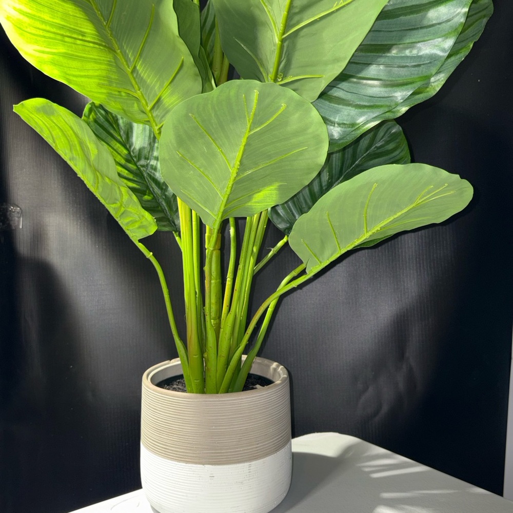 Large Faux Green Tropical Plant in Two-Tone Ceramic Pot